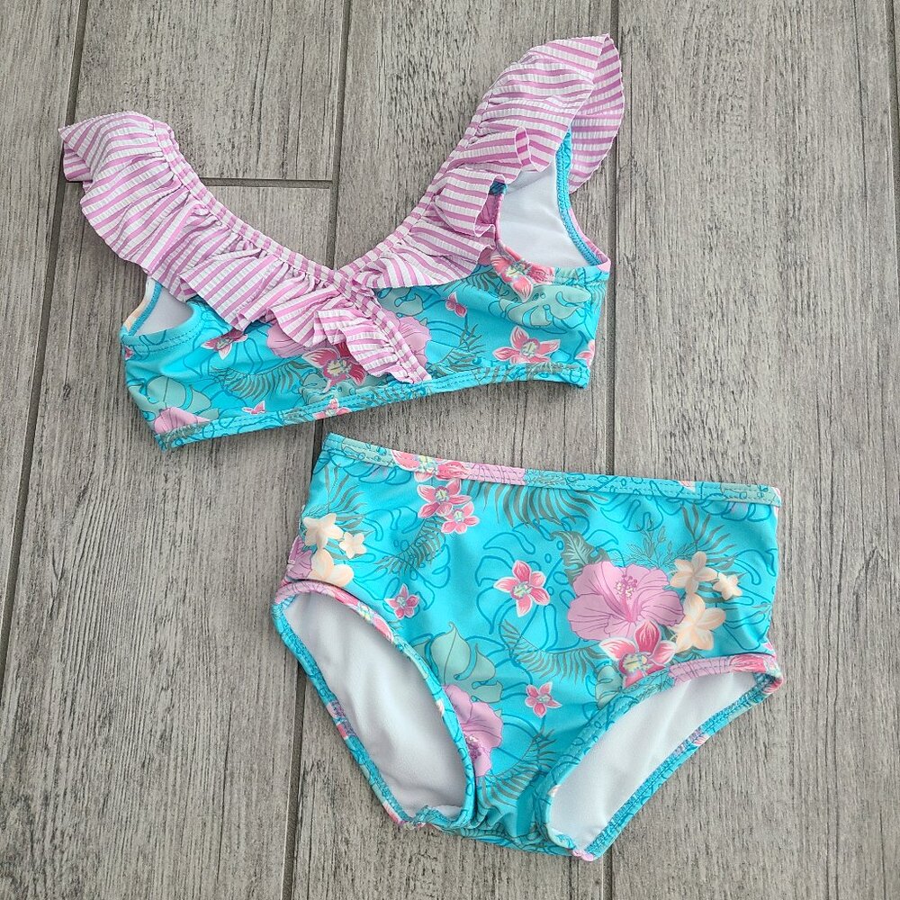 RuffleButts Two Piece Bikini Swimsuit Floral Blue Pink Size 3T